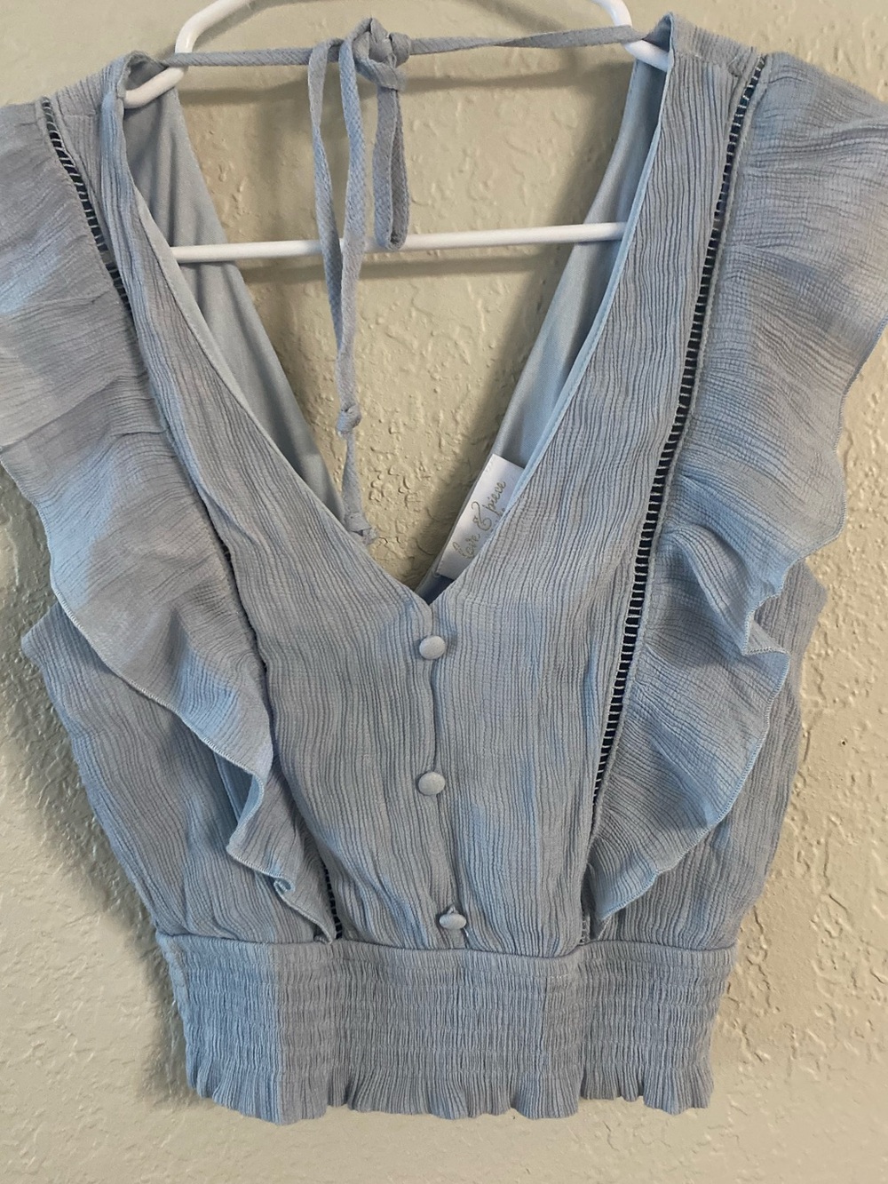 Ruffled V-Neck Light Blue Cropped Top